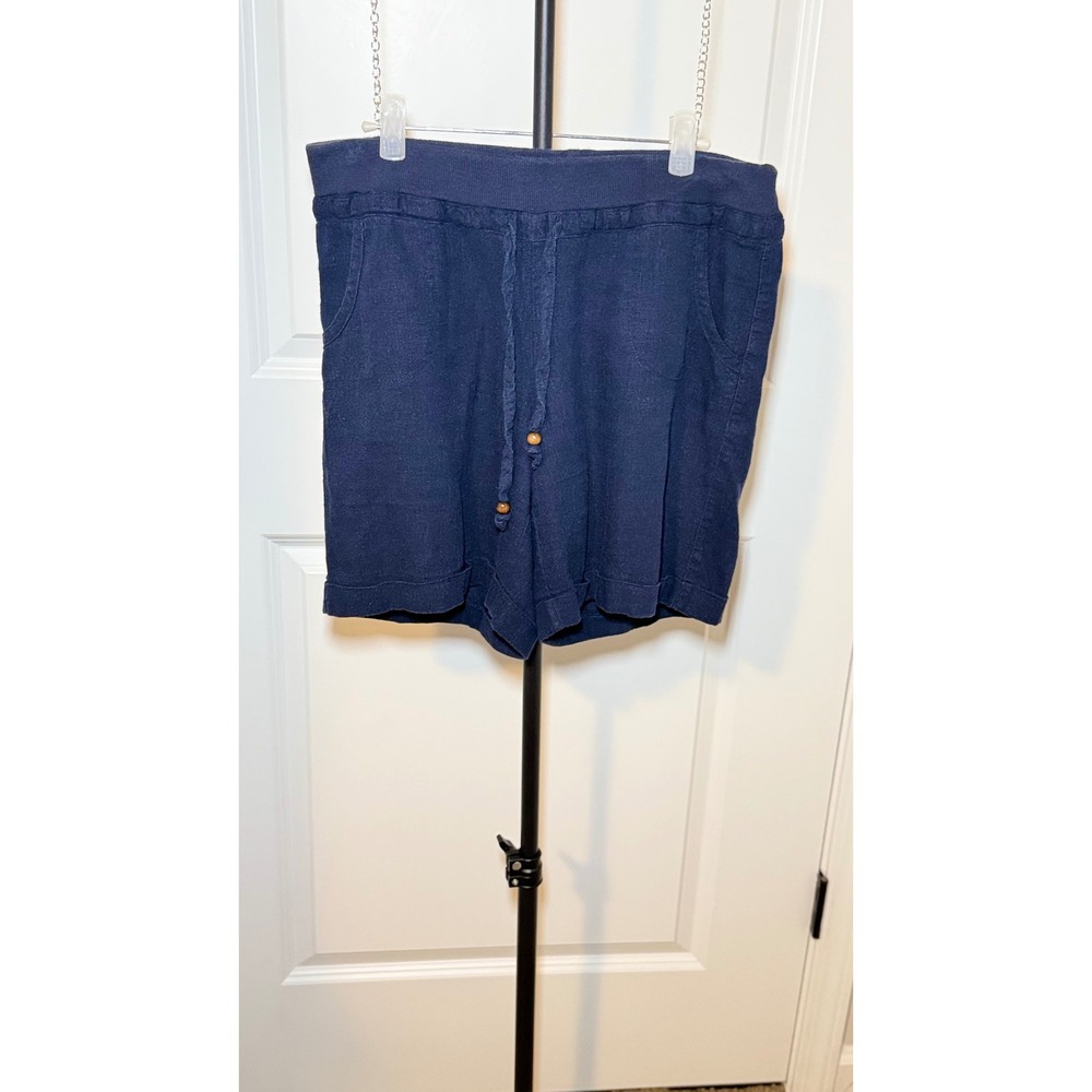 Per Se Navy Blue Linen Blend Drawstring Shorts Size 6 Wood Bead Detail Cuffed